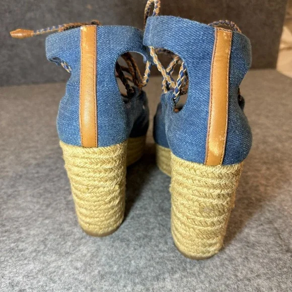 Tory Burch Espadrille Sandals 5.5 Positano Blue Canvas Platform Lace - Picture 3 of 8